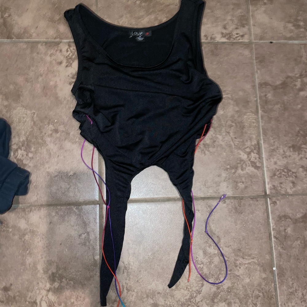 Black crop top with rainbow strings on the side to tie up